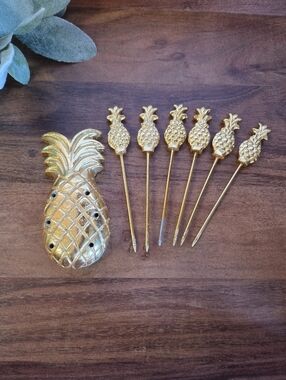 Vintage MCM Gold Gilded Metal Pineapple Appetizer Picks & Holder